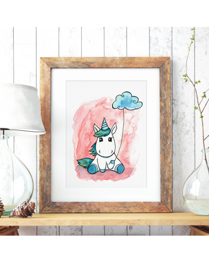 A3 Print Illustration Einhornposter Einhornplakat Poster Plakat kleines junges Einhorn Babyeinhorn mit Wolke A3 Print illustration unicorn poster unicorn placard little unicorn with cloud p73