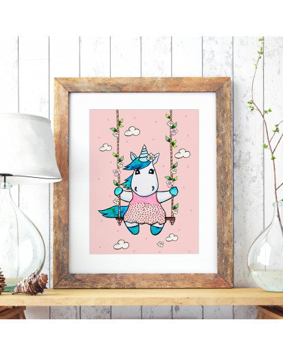 A3 Print Illustration Einhornposter Einhornplakat Poster Plakat mit Einhorn Mädchen kleines Einhorn auf Schaukel A3 Print illustration unicorn poster unicorn girl placard with little unicorn on swing p74