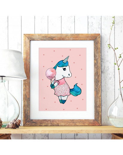 A3 Print Illustration Einhornposter Einhornplakat Poster Plakat mit Einhorn Mädchen kleines Einhorn mit Luftballon A3 print illustration unicorn poster unicorn placard with unicorn girl little unicorn with balloon p75