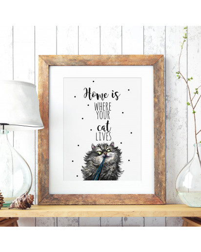 A3 Print Illustration Katzenposter Katzenplakat Poster Plakat mit Katze und Spruch home is where your cat lives A3 Print illustration poster placard cat with quote saying home is where your cat lives p70