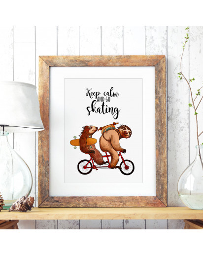 A3 Print Illustration Poster Plakat Faultierplakat Faultiere auf Fahrrad mit Skateboards Longboards und Spruch Keep calm and go skating A3 Print illustration poster placard sloth placard sloths on bicycle with skateboards longboards and quote saying keep 