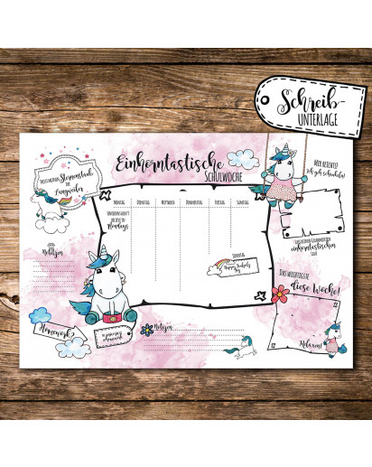 A3 Schreibtischunterlage Wochenplaner Stundenplan Denkzettel Einhorn Einhörner su1