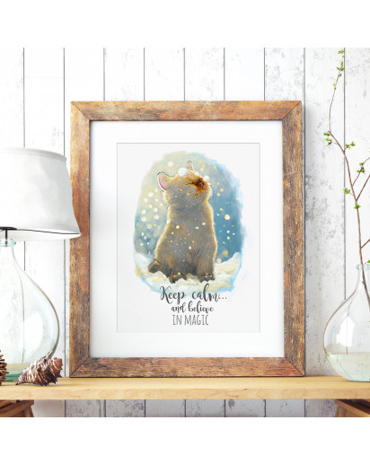 A3 Print Illustration Poster Plakat Katzenplakat Katzenposter Katze Kätzchen im Winter mit Schnee Schneeflocken und Spruch keep calm and believe in magic A3 print illustration poster placard cat in winter with snow flakes and quote saying keep calm and be