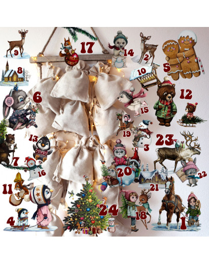 Adventskalender A3 und A4 Bügelbilder Bügelpatch Patches Motiv Tiere im Winter Hase Katze Bär Weihnachten zum Aufbügeln ad03