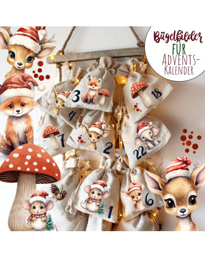 Adventskalender A3 und A4 Bügelbilder Bügelpatch Patches Motiv Tiere mit Mütze Winter Weihnachten Weihnachtsmotive zum Aufbügeln ad08