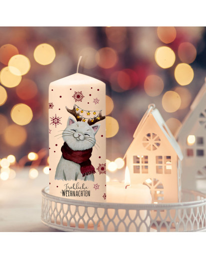 Adventskerze Kerze Advent Winter Katze Kätzchen mit Geweih Spruch Fröhliche Weihnachten Deko Geschenk ak15