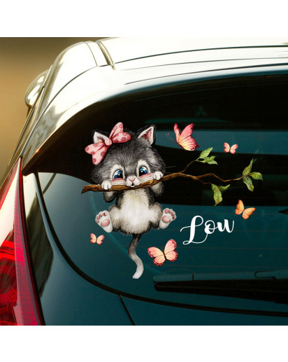 Autotattoo bunt Heckscheiben Katze Kätzchen auf Zweig Auto Schmetterlinge Aufkleber Namensaufkleber Kinder Mädcdhen Name Wunschname baa2