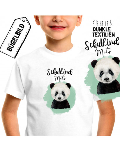 Bügelbilder zum Schulanfang Panda Bär & Wunschname Schulkind Applikation Kissen Shirt Taschen Bügelbild Patch in A5 bb176