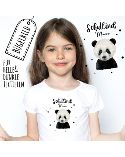 Bügelbilder zum Schulanfang Panda Bär mit Punkte & Wunschname Schulkind Applikation Kissen Shirt Taschen Bügelbild Patch in A5 bb177