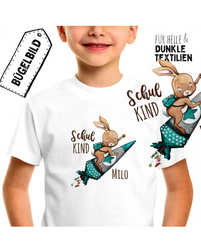 Bügelbilder zum Schulstart Hase auf Raketenschultüte & Wunschname Schulkind Applikation Kissen Shirt Taschen Bügelbild Patch in A5 bb182