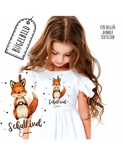 Bügelbilder zum Schulbeginn Fuchs mit Herz & Wunschname Schulkind Applikation Kissen Shirt Taschen Bügelbild Patch in A5 bb184