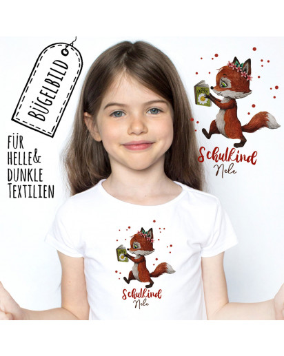 Bügelbilder zur Einschulung Fuchs mit Buch & Wunschname Schulkind Applikation Kissen Shirt Taschen Bügelbild Patch in A5 bb185