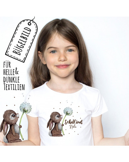 Bügelbilder zum Schulstart Hase mit Pusteblume & Wunschname Schulkind Applikation Kissen Shirt Taschen Bügelbild Patch in A5 bb186