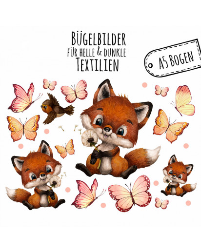 Bügelbilder Fuchs Füchslein Pusteblume Schmetterlinge Set in A5 Applikation Kissen Shirt Taschen Bügelbild Bügelmotiv Patch Aufbügelbilder bb208