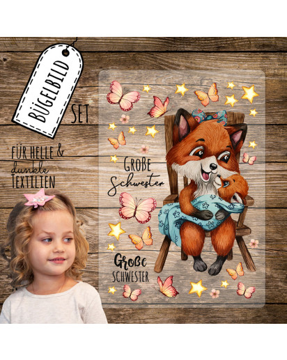 Bügelbilder Fuchs Füchschen große Schwester Geschwister Sterne Set in A5 Applikation Kissen Shirt Taschen Bügelbild Bügelmotiv Patch Aufbügelbilder bb248