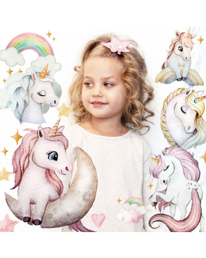 Bügelbilder 8 Einhörner Einhorn Regenbogen rosa Set in A5 Applikation Kissen Shirt Taschen Bügelbild Bügelmotiv Patch Aufbügelbilder bb255