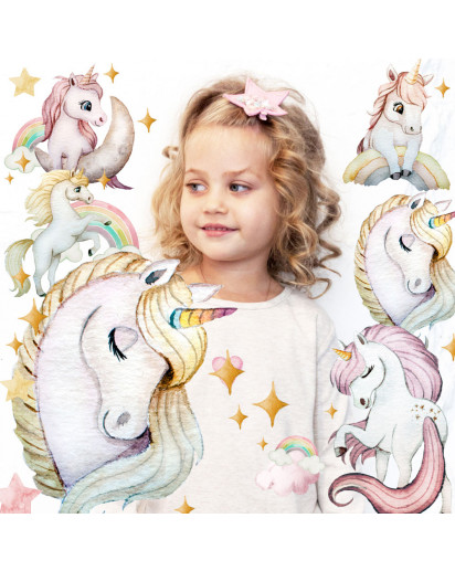 Bügelbilder 9 Einhörner Einhorn Regenbogen rosa Set in A5 Applikation Kissen Shirt Taschen Bügelbild Bügelmotiv Patch Aufbügelbilder bb258