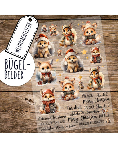 Bügelbilder Fuchs Füchse Eichhörnchen Weihnachten Set in A5 Applikation Kissen Shirt Taschen Bügelbild Bügelmotiv Patch Aufbügelbilder bb263