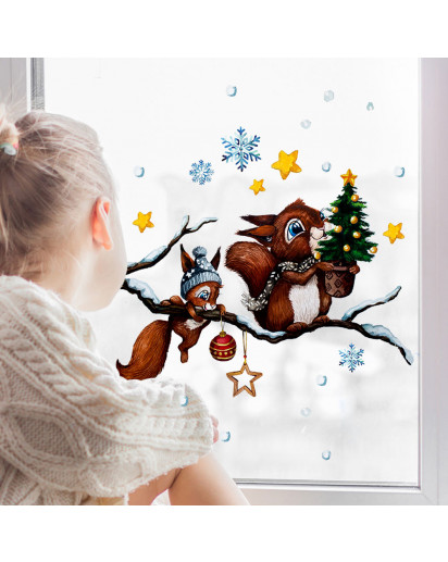 Fensterbild Weihnachtsdeko Weihnachten Eichhörnchen auf Ast Sterne wiederverwendbar Fensterdeko Winter Fensterbilder Kinder Zimmer bf143