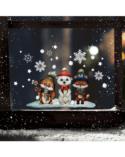 Fensterbild Weihnachtsdeko Weihnachten Tierkinder Hase Eisbär Fuchs wiederverwendbar Fensterdeko Winter Fensterbilder Kinder bf147