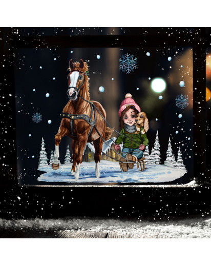 Fensterbild Weihnachtsdeko Weihnachten Mädchen mit Pferdeschlitten wiederverwendbar Fensterdeko Winter Fensterbilder Kinder Zimmer bf160