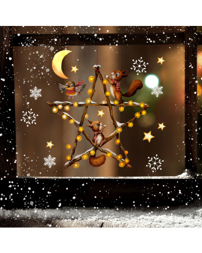 Fensterbild Weihnachtsdeko Weihnachten Weihnachtsstern Eichhörnchen Schneeflocken Sterne wiederverwendbar Winter Fensterdeko Fensterbilder Kinder Zimmer bf191