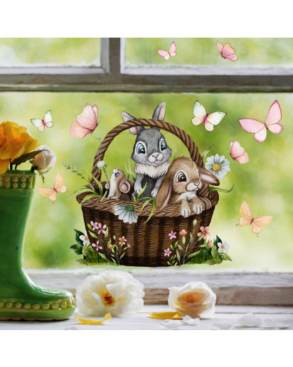 Fensterbild Hase Hasen Maus im Korb Blumenwiese Schmetterlinge wiederverwendbar Fensterdeko Fensterbilder Ostern Frühling Deko Dekoration für Kinder bf192