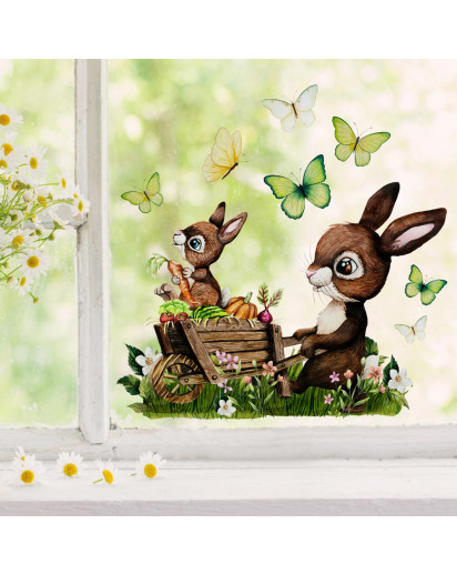 Fensterbild Hase mit Kind Hasen mit Schubkarre Schmetterlinge wiederverwendbar Fensterdeko Fensterbilder Ostern Frühling Deko Dekoration für Kinder bf196