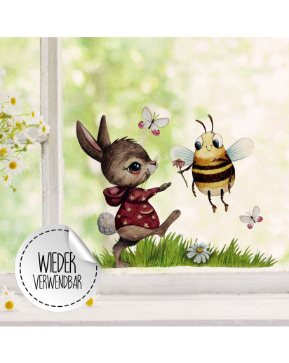Fensterbild Hase mit Biene & Schmetterlinge -WIEDERVERWENDBAR- Fensterdeko Fensterbilder bf24
