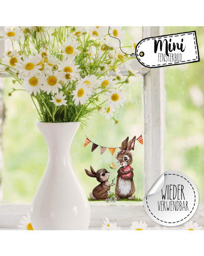 Mini-Fensterbild Hasen Häschen Schmetterlinge mit Wimpel -WIEDERVERWENDBAR- Mini-Fensterbilder Gr.10cm x 10cm Fensterdeko Frühlingsdeko bf28mini