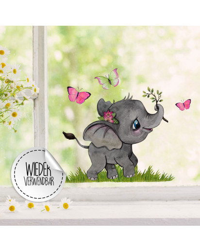 Fensterbild kleiner Elefant mit Schmetterlinge -WIEDERVERWENDBAR- Fensterdeko Fensterbilder Frühling Frühlingsdeko Deko Dekoration bf47