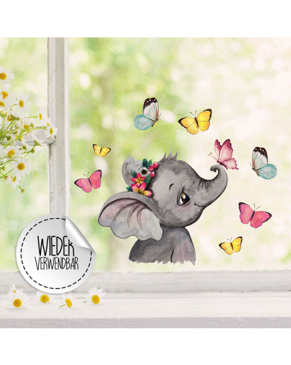 Fensterbild Elefant Kopf seitlich mit Schmetterlinge -WIEDERVERWENDBAR- Fensterdeko Fensterbilder Frühling Frühlingsdeko Deko Dekoration bf49