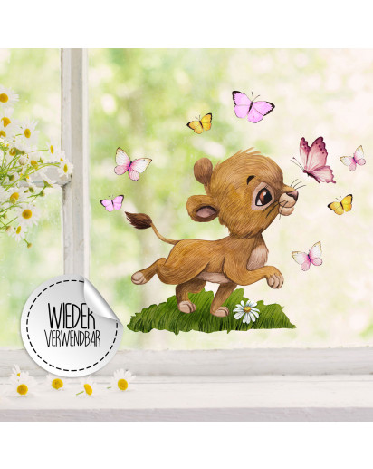 Fensterbild Löwe Löwenbaby Mädchen Schmetterlinge -WIEDERVERWENDBAR- Fensterdeko Fensterbilder Frühling Frühlingsdeko Deko Dekoration bf64
