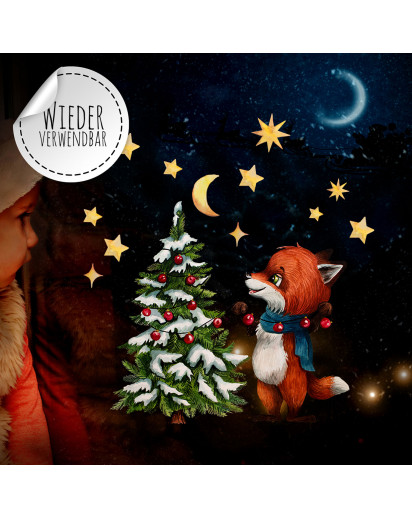 Fensterbild Weihnachtsdeko Weihnachten Fuchs Sterne -wiederverwendbar- Fensterdeko Winter Fensterbilder Kinder Zimmer bf72