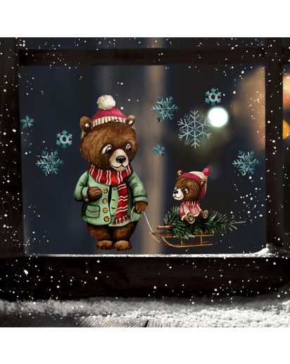 Fensterbild Weihnachtsdeko Weihnachten Bär Papabär Baby Schlitten -wiederverwendbar- Fensterdeko Winter Fensterbilder Kinder bf77