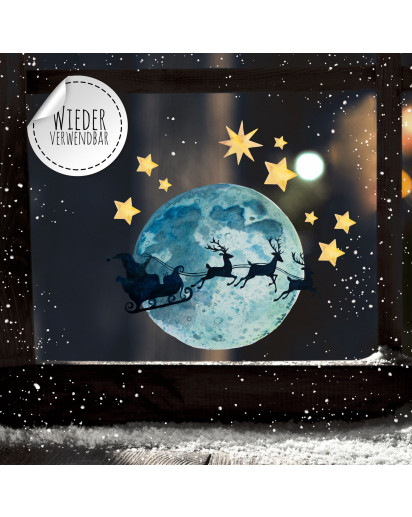 Fensterbild Weihnachtsdeko Vollmond Weihnachtsmann Sterne -wiederverwendbar- Fensterdeko Winter Fensterbilder Kinder bf90