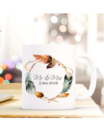 Tasse Becher mit Federkranz Mr. & Mrs. & Wunschdatum Hochzeitstag Kaffeebecher Geschenk Hochzeit ts608