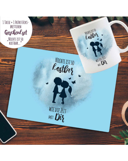 Tasse Becher Frühstücksbrettchen Liebespaar Paar Pärchen blaues Herz & Spruch kostbar mit Dir Geschenk Valentinstag Bundle30