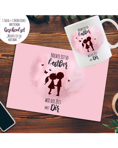 Tasse Becher Frühstücksbrettchen Liebespaar Paar Pärchen rosa Herz & Spruch kostbar mit Dir Geschenk Valentinstag Bundle31