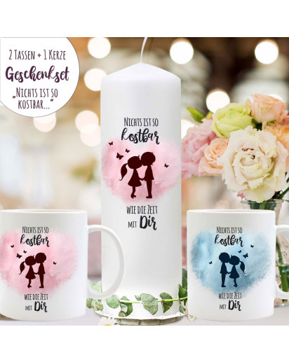 Tasse Becher Liebespaar Paar Pärchen blau rosa Herz Kerze Valentinstagskerze & Spruch kostbar mit Dir Geschenk Valentinstag Bundle32