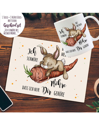 Tasse Becher Frühstücksbrettchen Hase Häschen Spruch schwöre bei Möhre dir gehöre Geschenk Valentinstag Bundle33