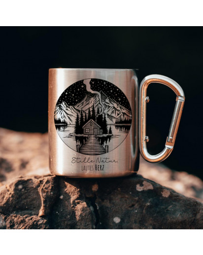 Campingbecher Edelstahl mit Karabiner Tasse Becher Kaffeebecher Camping Stille Natur lautes Herz mit Bergseemotiv cb01