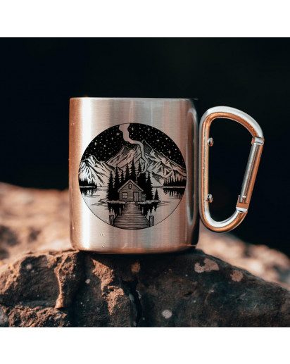 Campingbecher Edelstahl mit Karabiner Tasse Becher Kaffeebecher Camping Spruch Rückseite Bäume und Sterne mit Bergseemotiv cb02