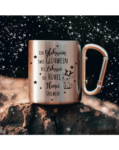 Campingbecher Edelstahl mit Karabiner Tasse Becher Kaffeebecher Camping Glühweinbecher Glühweintasse Spruch Ein Glühwein Rentier Hirsch Motiv cb023