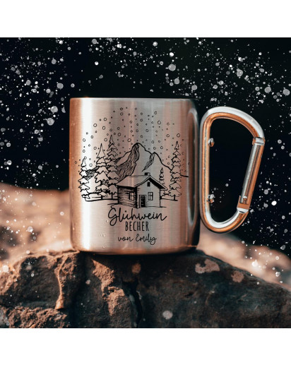 Campingbecher Edelstahl mit Karabiner Tasse Becher Glühweintasse Glühweinbecher mit Wunschname Name Berge Berghütte Motiv Geschenk Weihnachten Winter Bundle97 ts2142 cb025