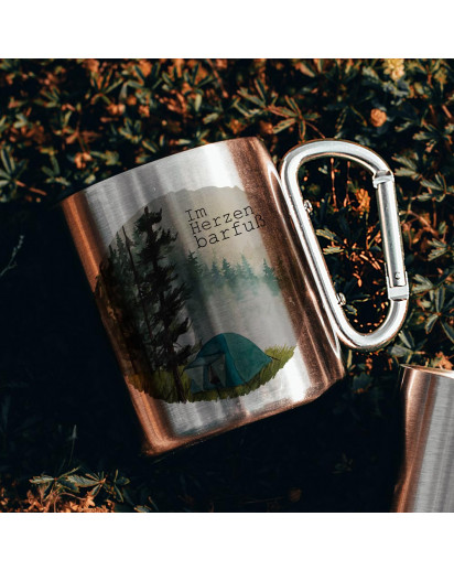 Campingbecher Edelstahl mit Karabiner Tasse Becher Kaffeebecher Camping Im Herzen barfuß mit Zelt und Wald Motiv cb03