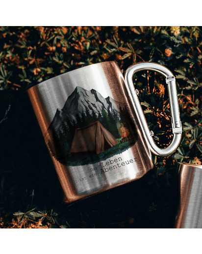 Campingbecher Edelstahl mit Karabiner Tasse Becher Kaffeebecher Camping Das Leben ist ein Abenteuer mit Zelt und Berge Motiv cb04