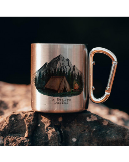 Campingbecher Edelstahl mit Karabiner Tasse Becher Kaffeebecher Camping Im Herzen barfuß mit Zelt und Berg Motiv cb05