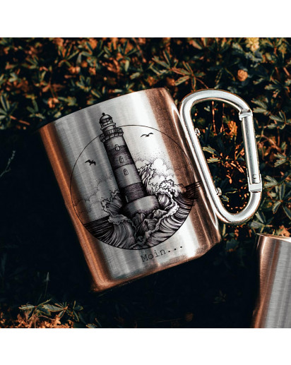 Campingbecher Edelstahl mit Karabiner Tasse Becher Kaffeebecher Camping Spruch Moin... mit Leuchtturm Motiv cb07