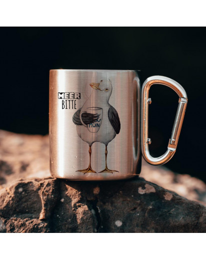 Campingbecher Edelstahl mit Karabiner Tasse Becher Kaffeebecher Camping Spruch Meer mit Möwe Möwen Motiv cb08